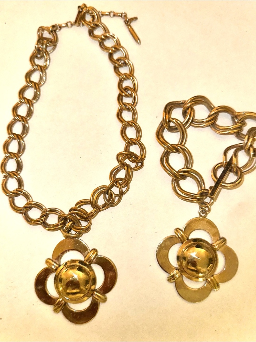 Barclay stamped Gold Floral Pendant Statement Necklace and Bracelet Set